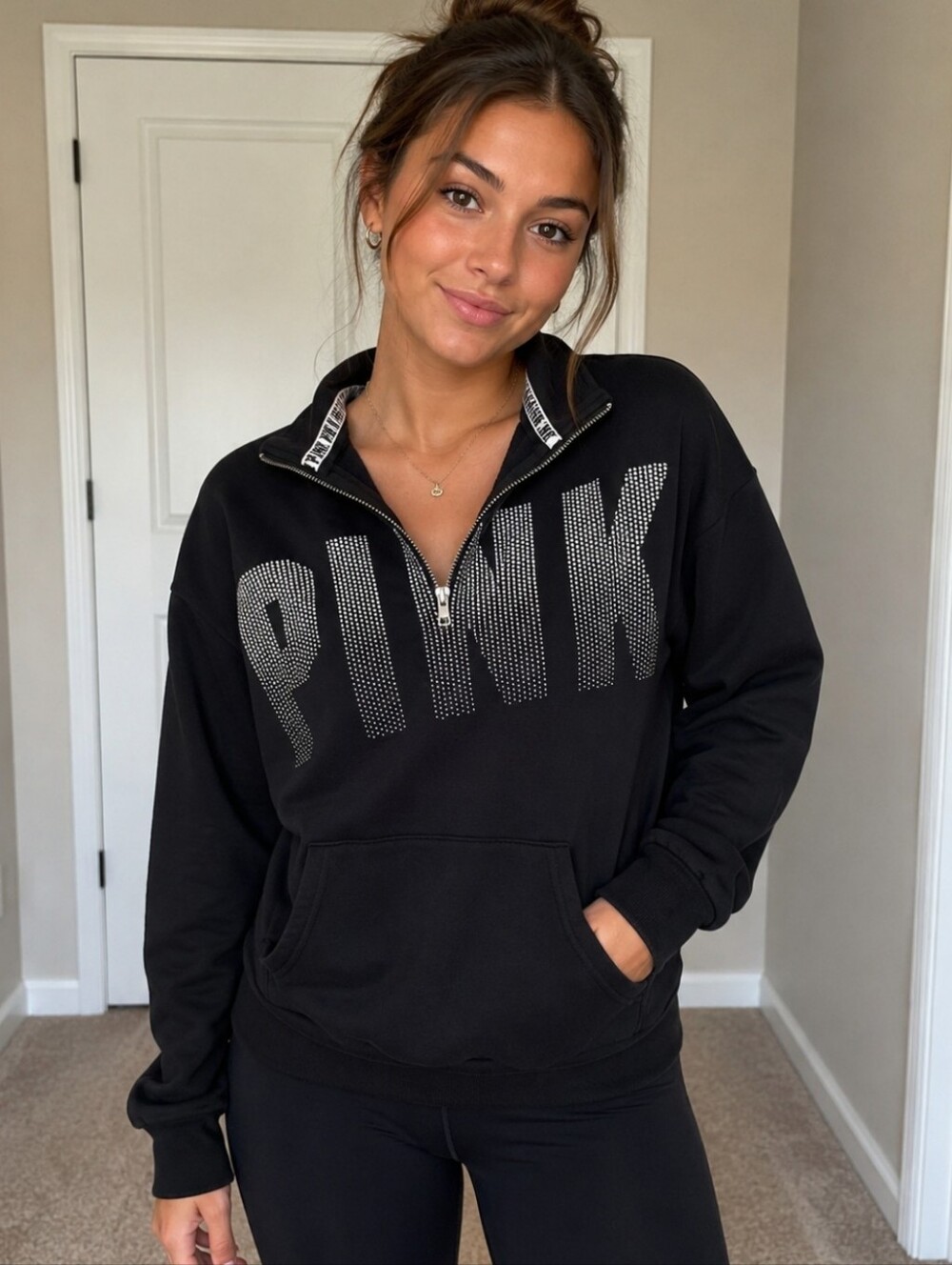 PINK Victoria's Secret Women's Black Half-Zip Pullover Sweatshirt -